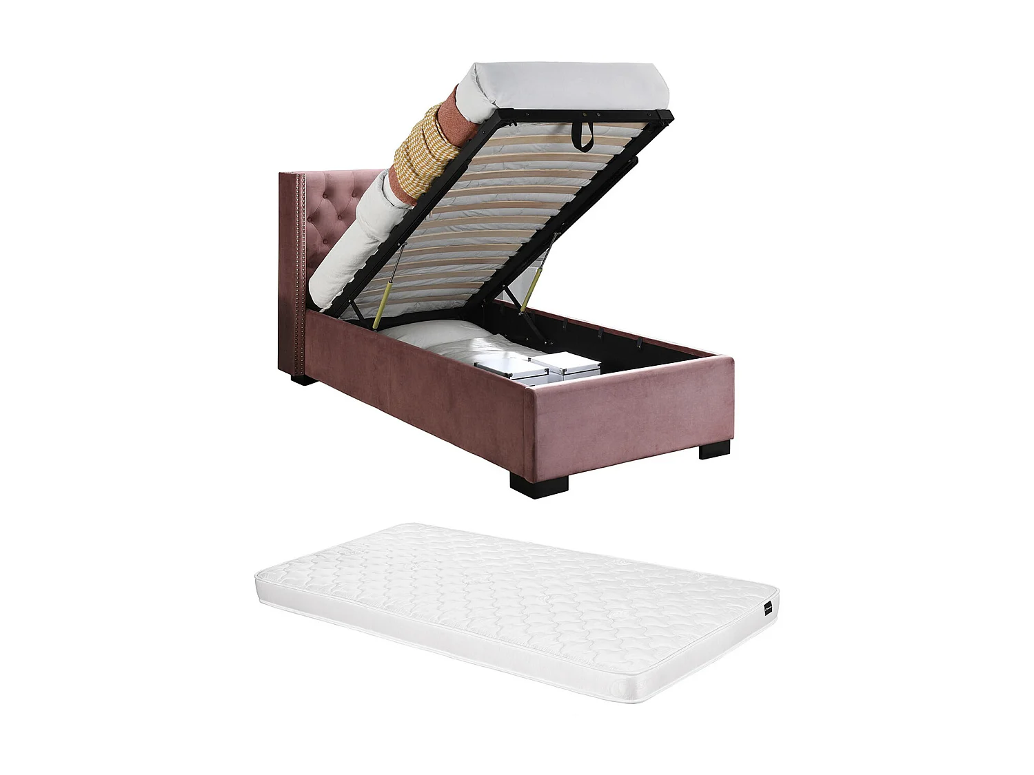 Bed met opbergruimte – 90 x 200 cm – Met gecapitonneerd hoofdbord – Fluweel – Roze – Met matras – MASSIMO