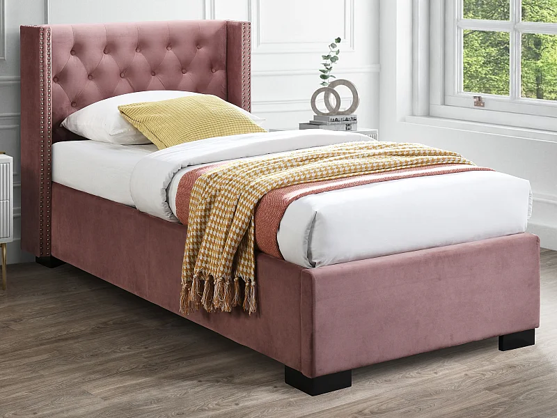 Lit coffre 90 x 200 cm avec tête de lit capitonnée - Velours - Rose + Matelas - MASSIMO