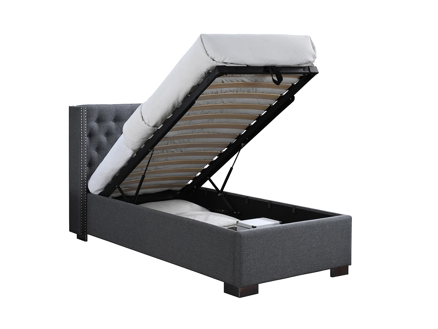 Letto con contenitore con Testata trapuntata + Materasso - 90 x 200 cm - Tessuto - Grigio - MASSIMO