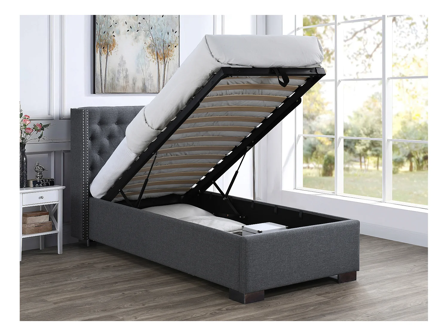 Cama con arcón90 x 200 cm con cabecero tapizado - Tela - Gris + Colchón - MASSIMO