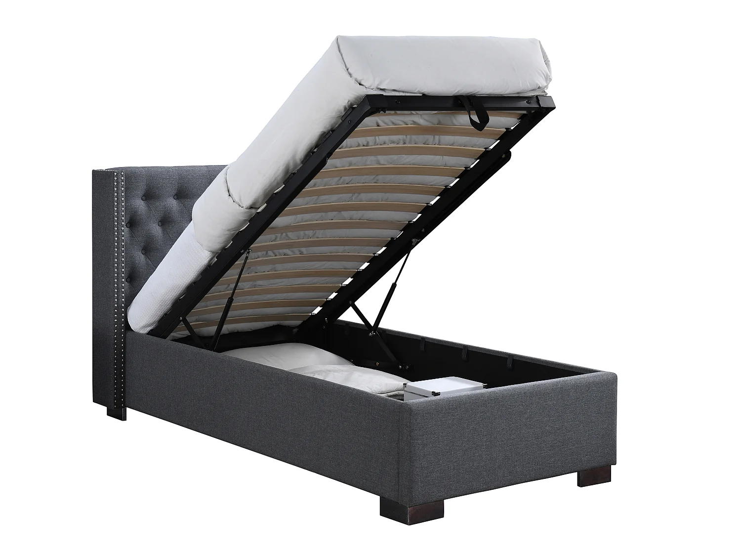 Lit coffre 90 x 200 cm avec tête de lit capitonnée - Tissu - Gris + Matelas - MASSIMO