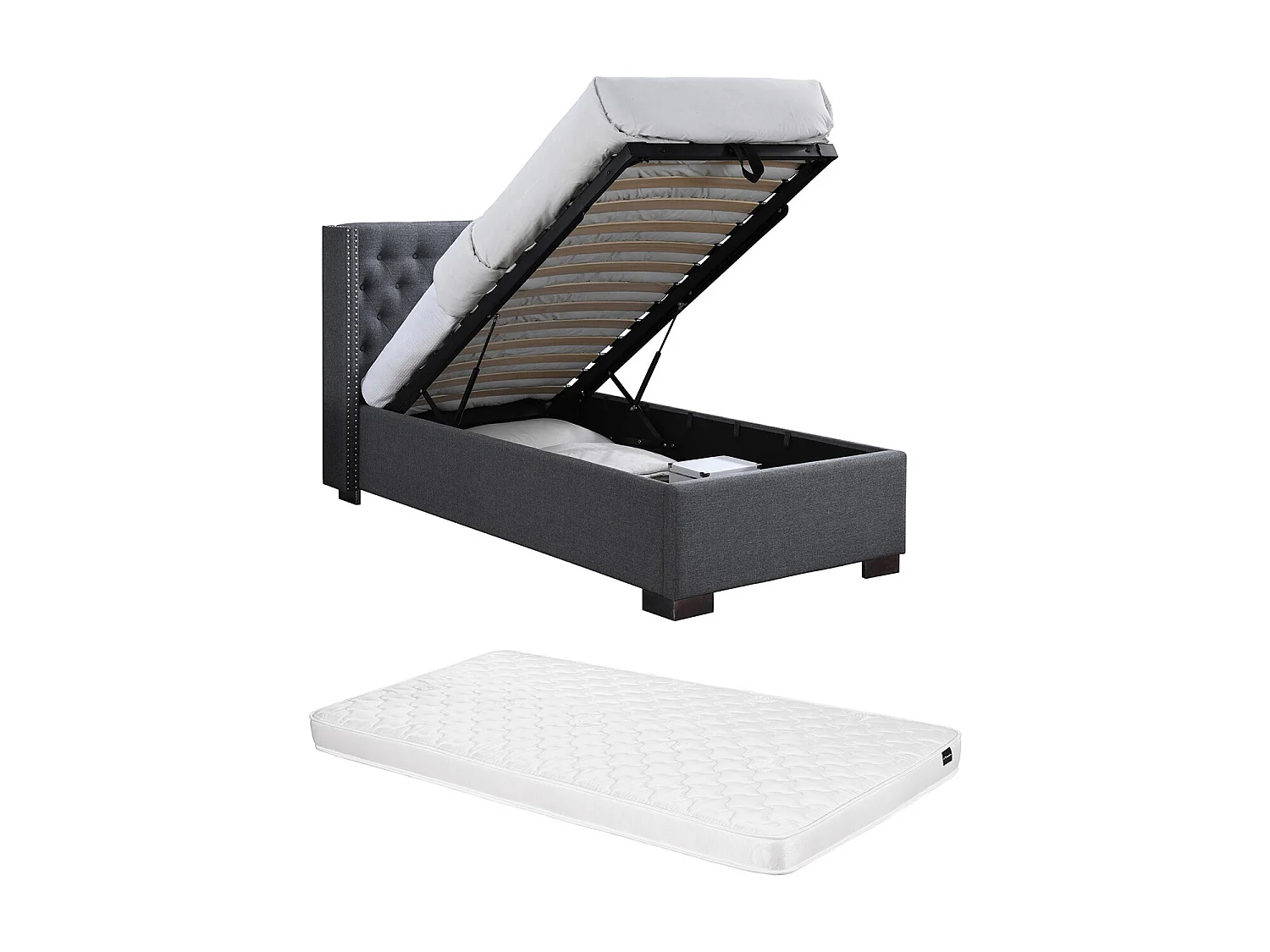 Lit coffre 90 x 200 cm avec tête de lit capitonnée - Tissu - Gris + Matelas - MASSIMO