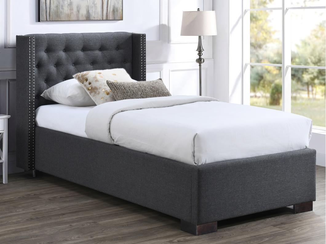 Lit coffre 90 x 200 cm avec tête de lit capitonnée - Tissu - Gris + Matelas - MASSIMO