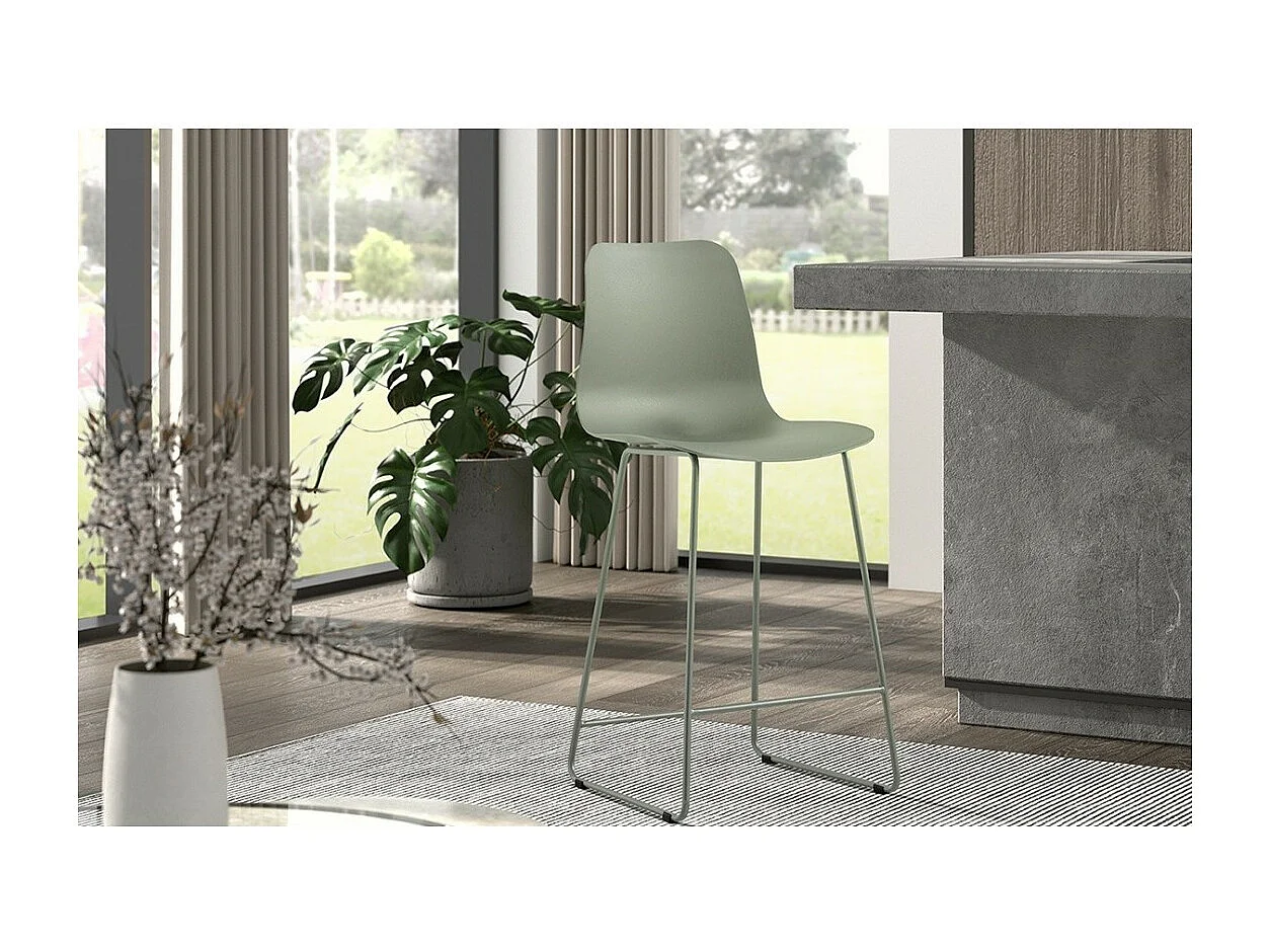 Chaise de comptoir MARIO – PP gris-vert – Pieds en métal – Hauteur 100,5 cm – Style moderne