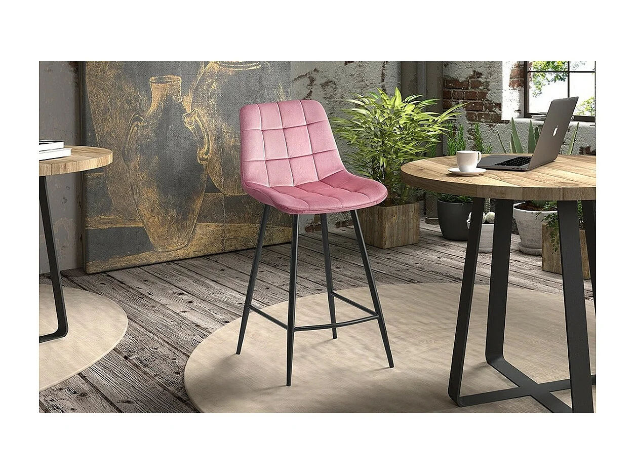 Chaise de comptoir JUTE – Velours rose – Pieds en métal – Hauteur 95 cm – Style contemporain