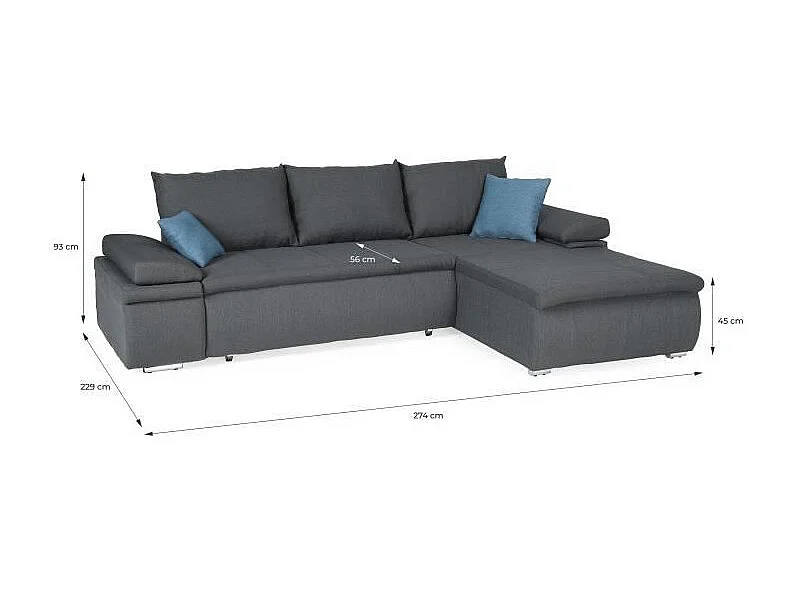 Canapé d'angle réversible convertible 3 places + Coffre de rangement - Tissu gris - 274 x 184 cm