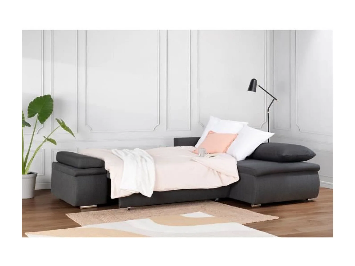 Omkeerbare 3-zits slaapbank + opbergvak - Grijze stof - 274 x 184 cm