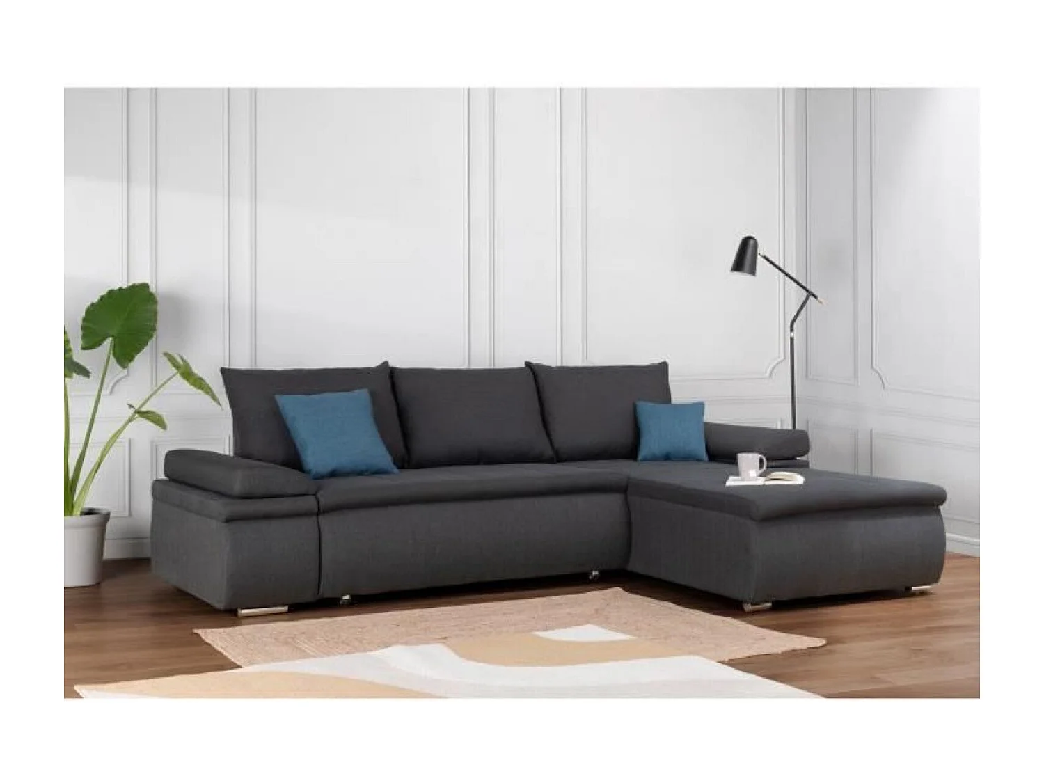 Omkeerbare 3-zits slaapbank + opbergvak - Grijze stof - 274 x 184 cm