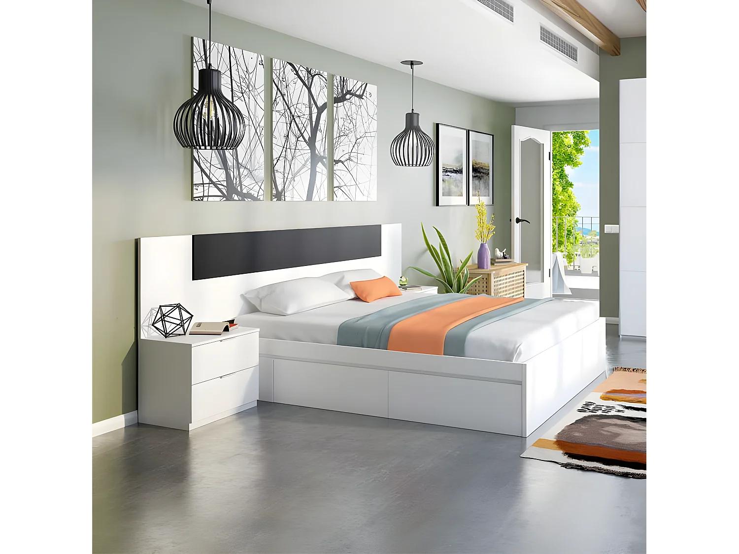 Tête de lit avec chevets Blanc et Gris - NEEN