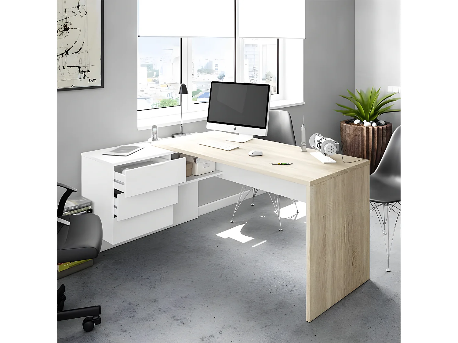 Bureau d'angle 3 tiroirs + niche Blanc/Chêne - OFFICIA - L 145 x l 108 x H 73 cm