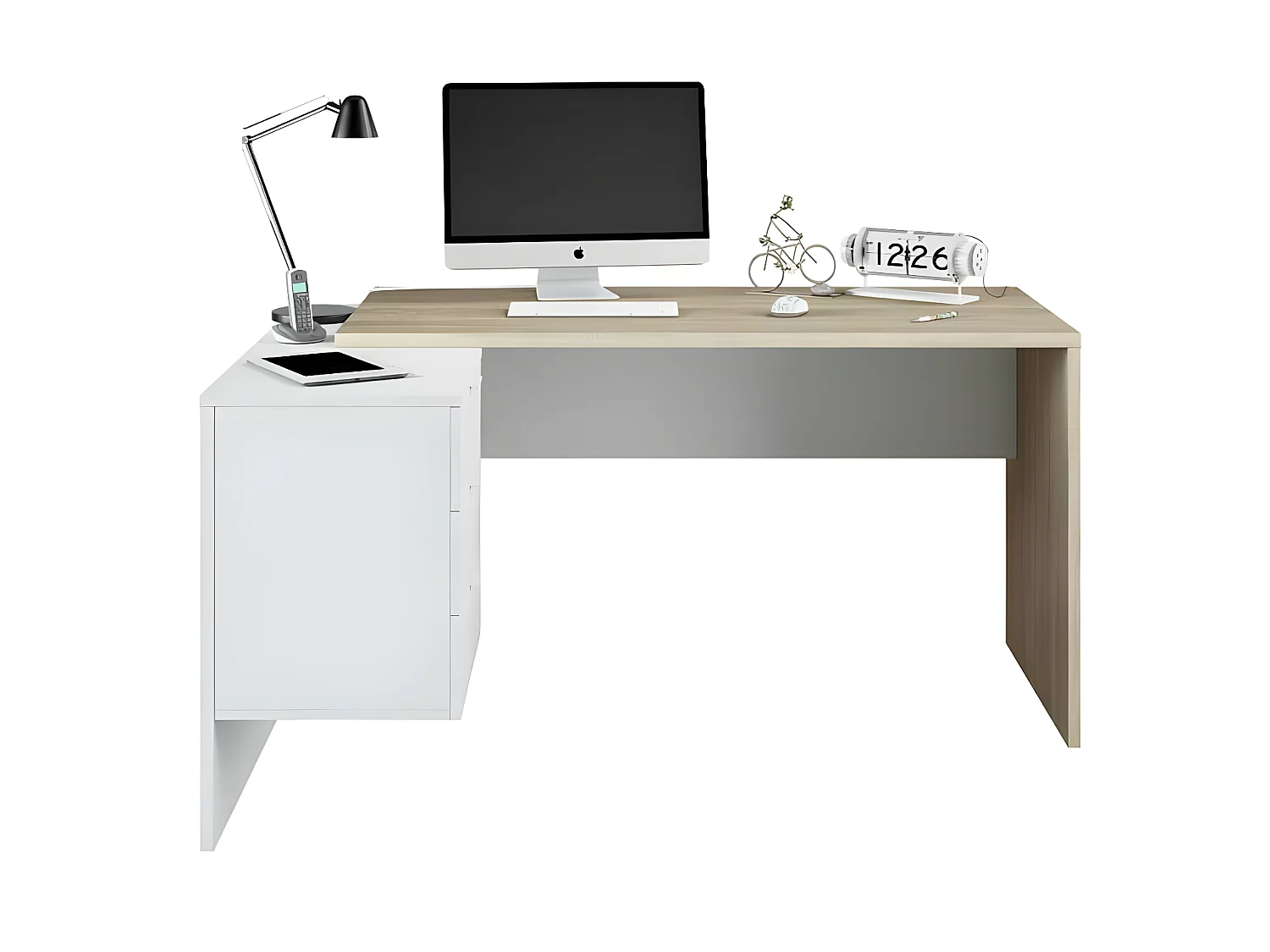 Bureau d'angle 3 tiroirs + niche Blanc/Chêne - OFFICIA - L 145 x l 108 x H 73 cm