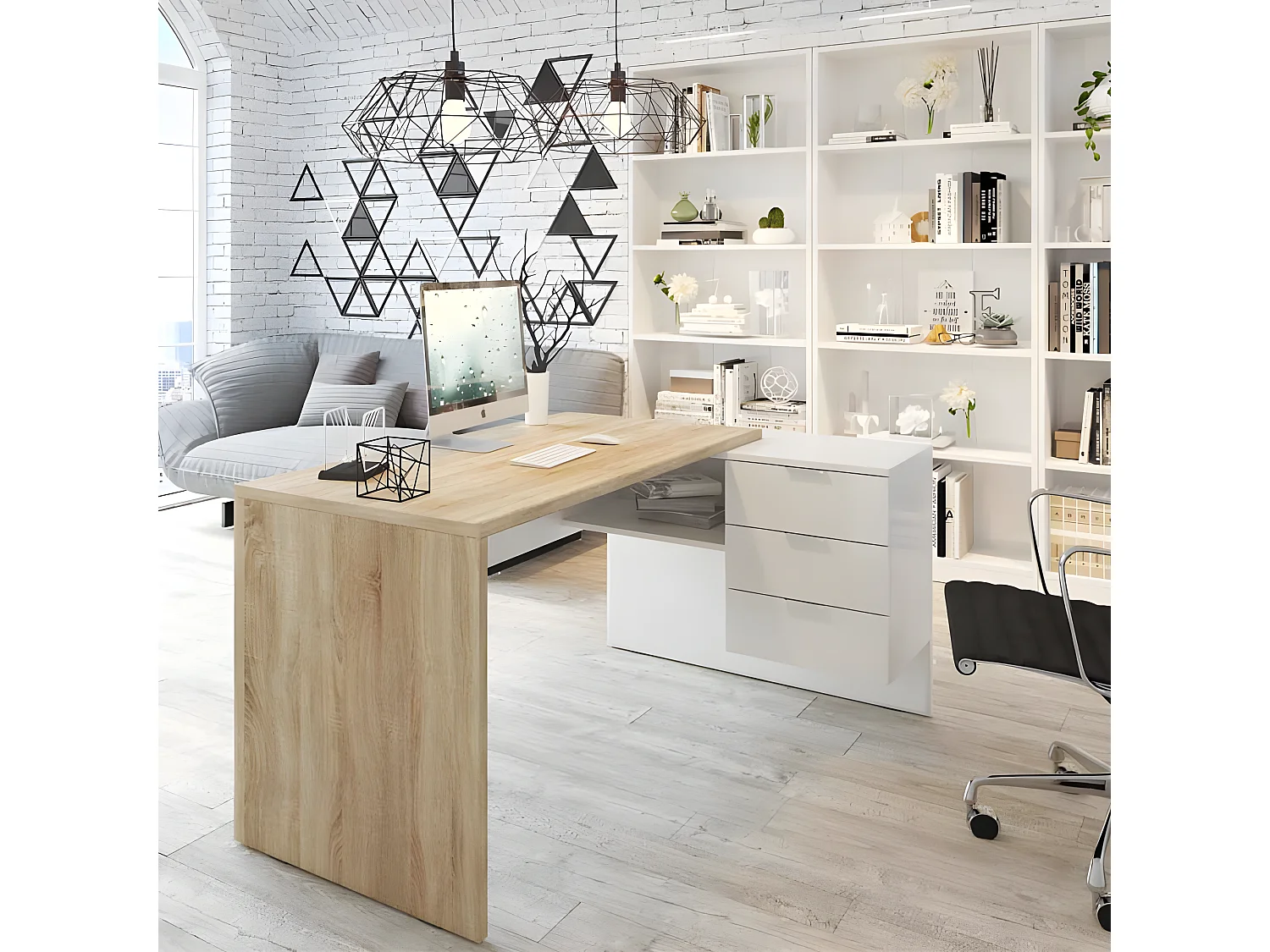 Bureau d'angle 3 tiroirs + niche Blanc/Chêne - OFFICIA - L 145 x l 108 x H 73 cm