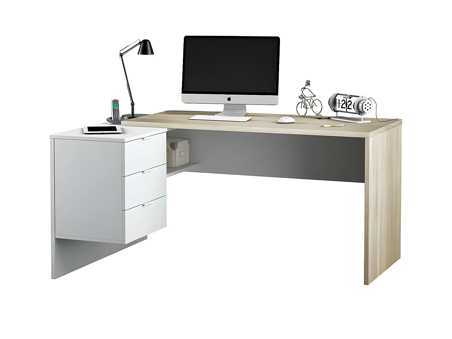 Bureau d'angle 3 tiroirs + niche Blanc/Chêne - OFFICIA - L 145 x l 108 x H 73 cm