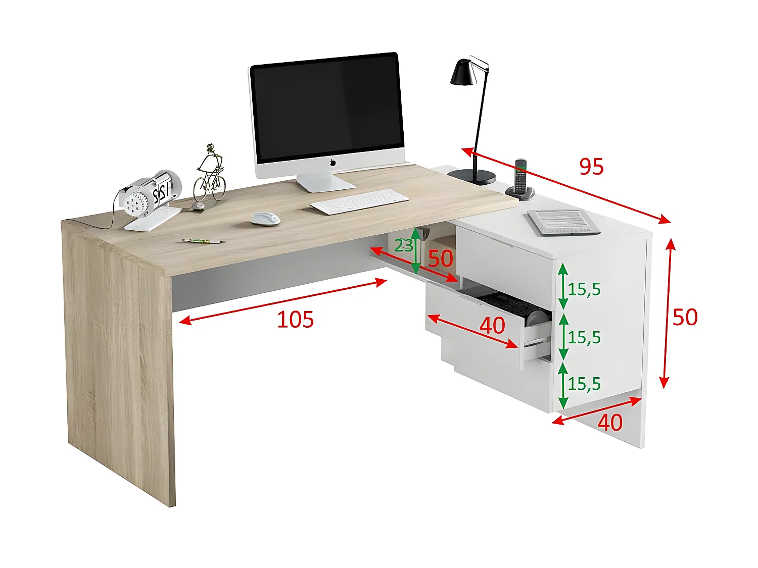 Bureau d'angle 3 tiroirs + niche Blanc/Chêne - OFFICIA - L 145 x l 108 x H 73 cm