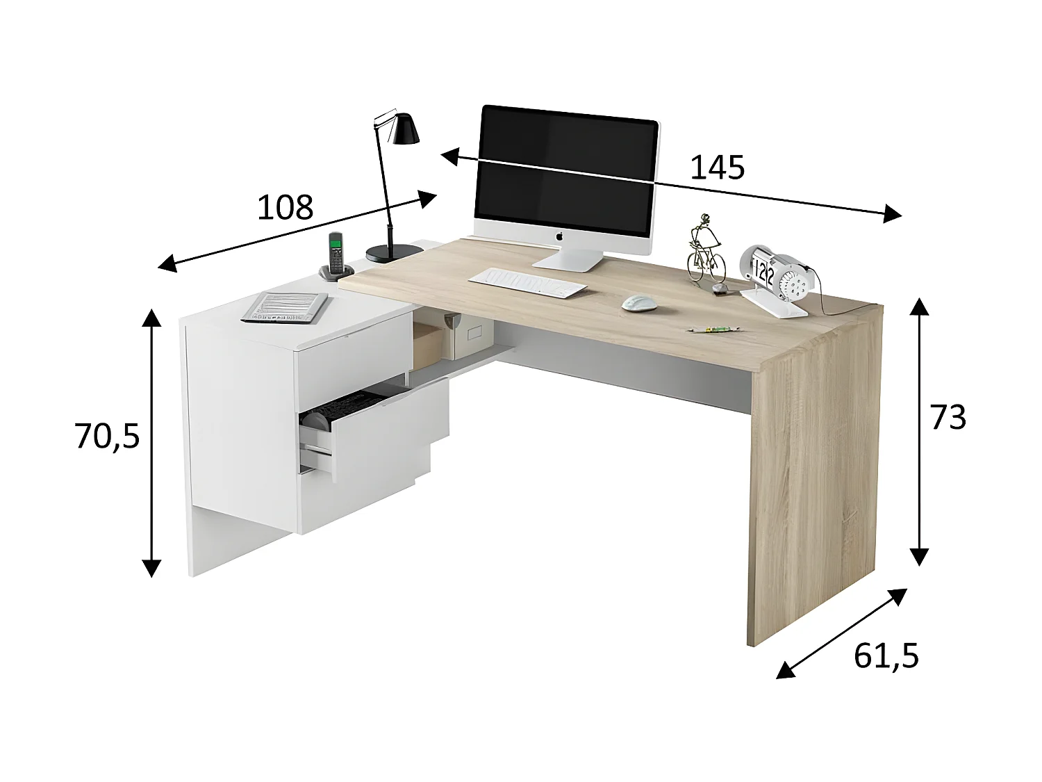 Bureau d'angle 3 tiroirs + niche Blanc/Chêne - OFFICIA - L 145 x l 108 x H 73 cm