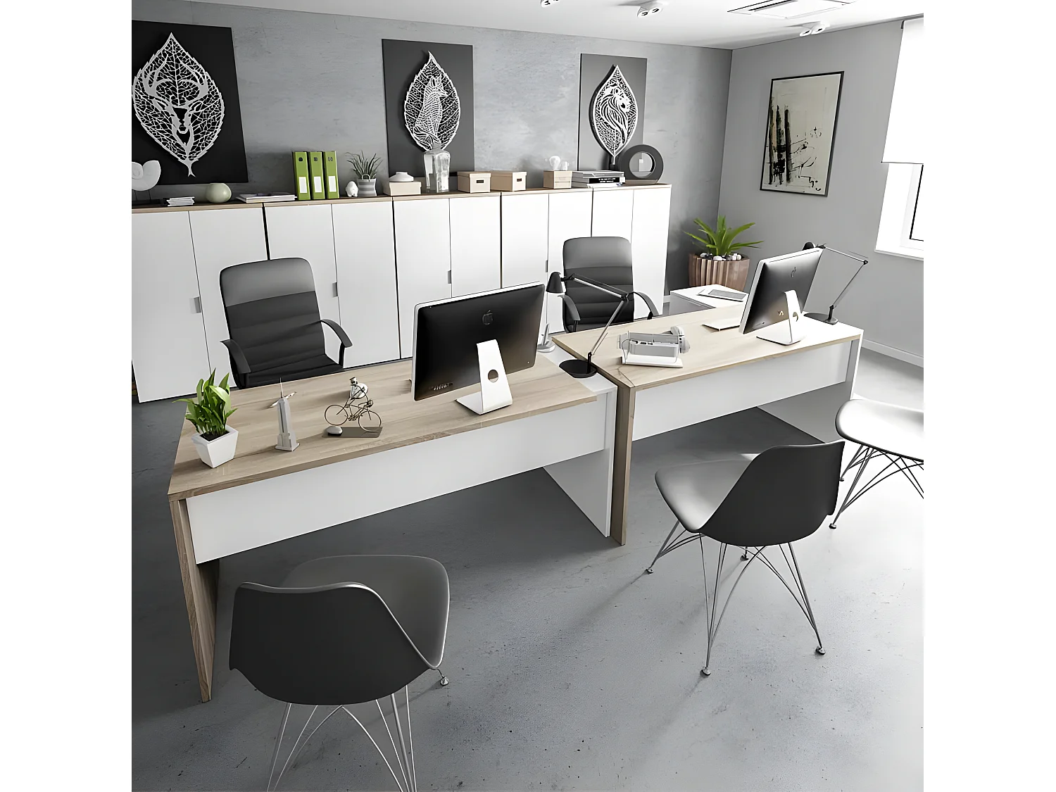 Bureau d'angle 3 tiroirs + niche Blanc/Chêne - OFFICIA - L 145 x l 108 x H 73 cm