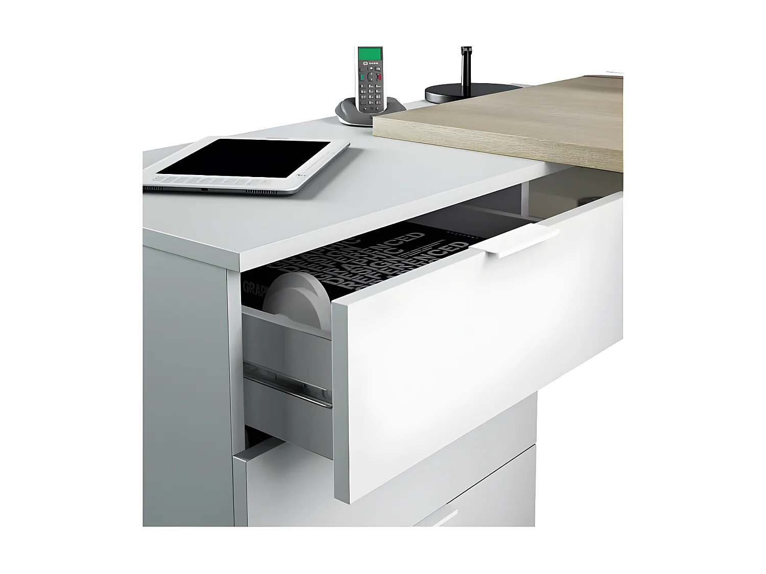 Bureau d'angle 3 tiroirs + niche Blanc/Chêne - OFFICIA - L 145 x l 108 x H 73 cm