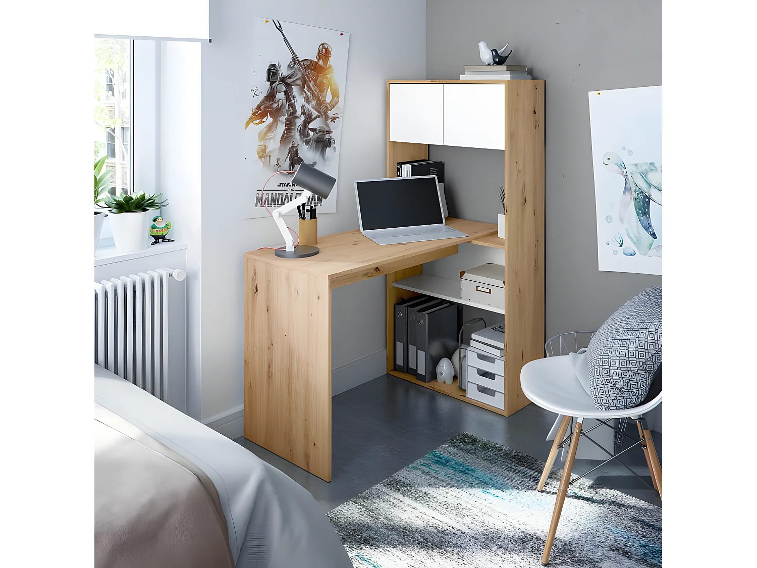 Bureau modulable avec étagères Blanc/Chêne - AIKI