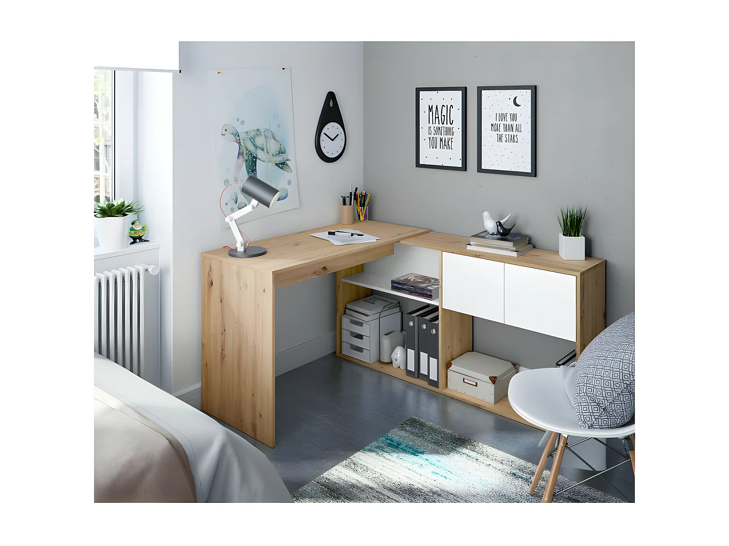 Bureau modulable avec étagères Blanc/Chêne - AIKI