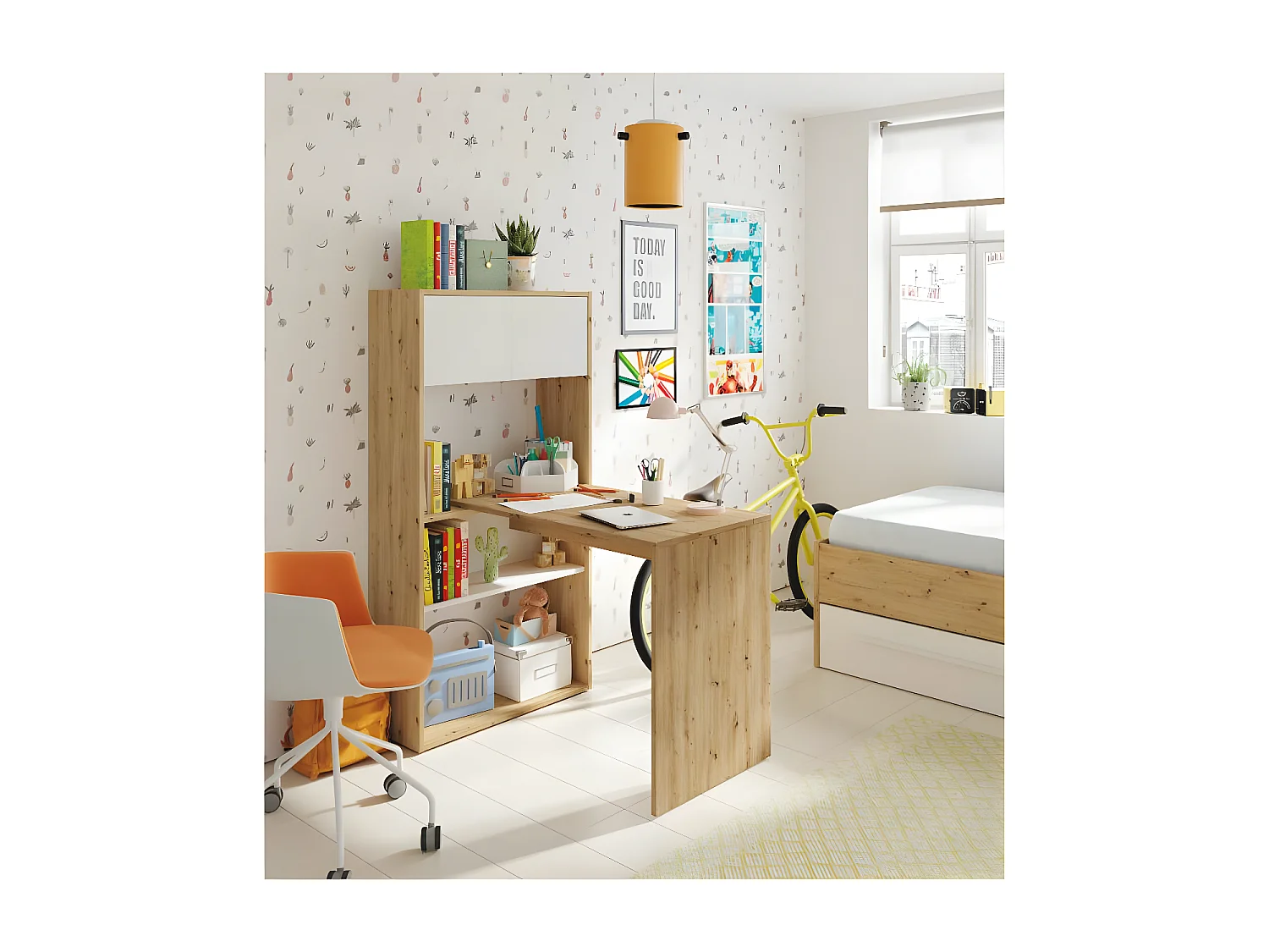 Bureau modulable avec étagères Blanc/Chêne - AIKI