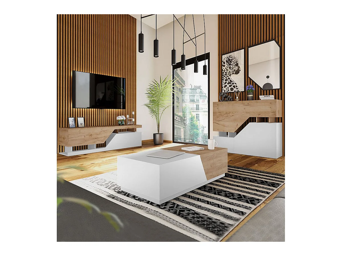 Ensemble de salon "Ceelias" - Buffet haut + table basse + meuble tv - Blanc/Marron