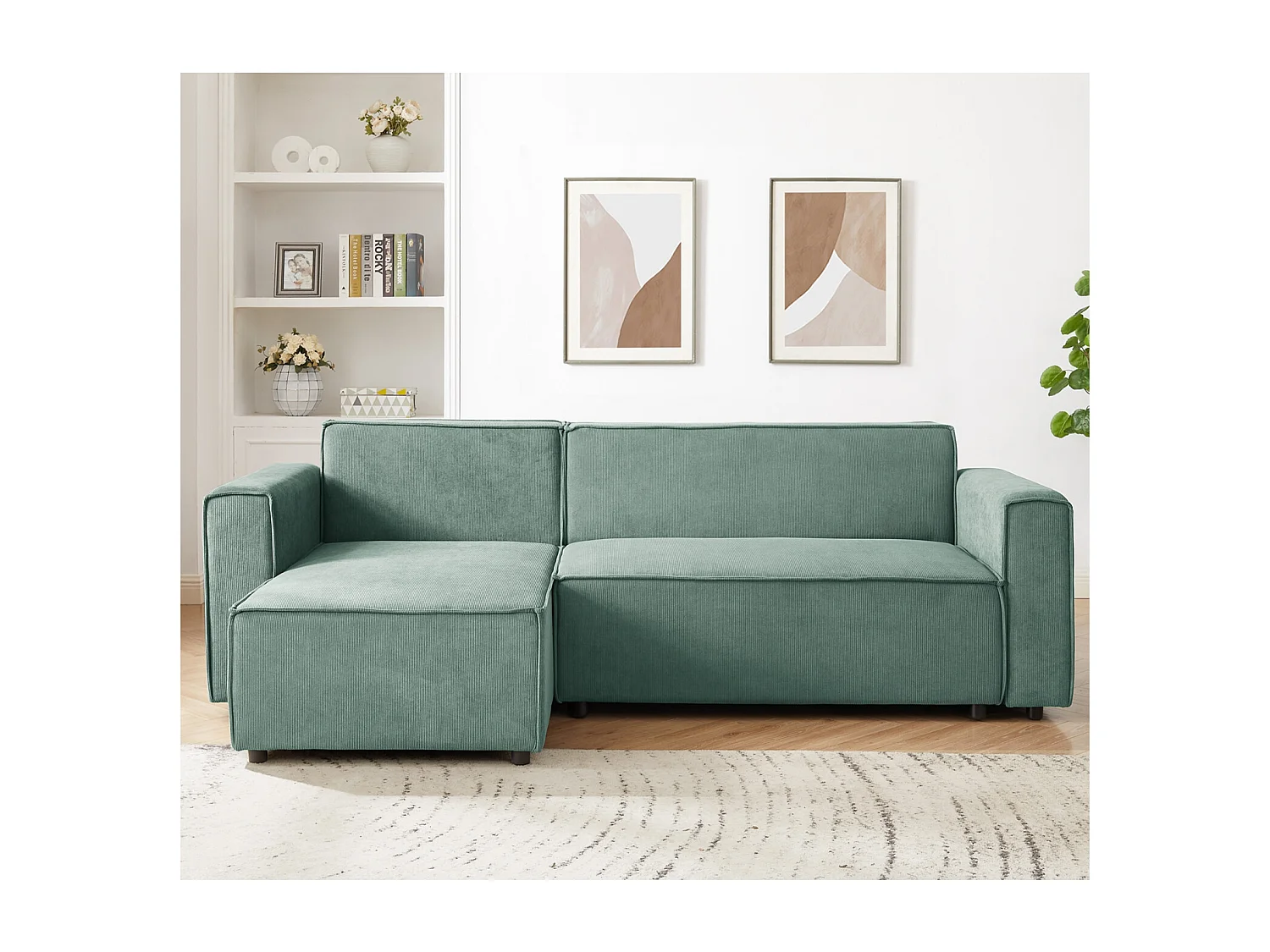Canapé d'angle convertible réversible Lorenzo en velours côtelé Vert