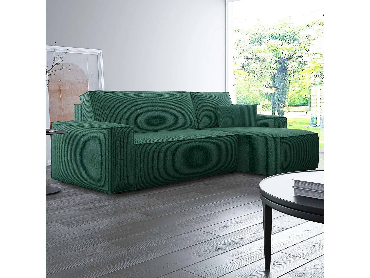 Canapé d'angle convertible réversible Lorenzo en velours côtelé Vert