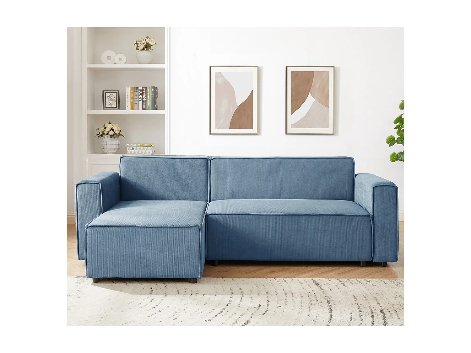 Canapé d'angle convertible réversible Lorenzo en velours côtelé Bleu