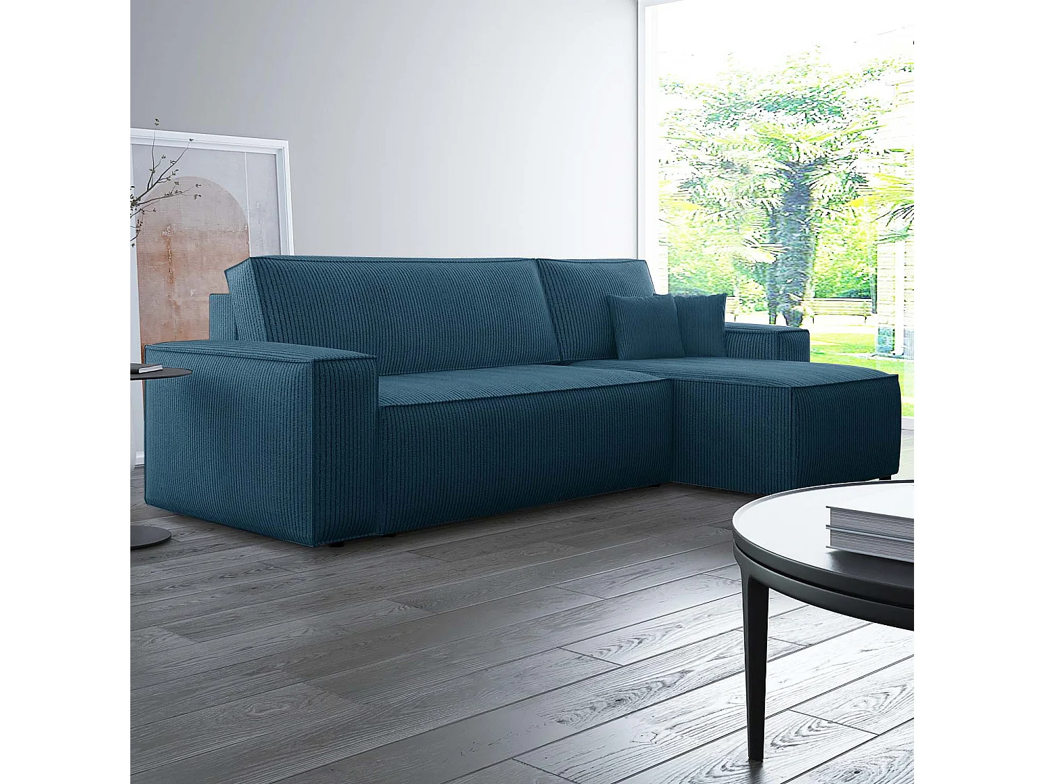 Canapé d'angle convertible réversible Lorenzo en velours côtelé Bleu