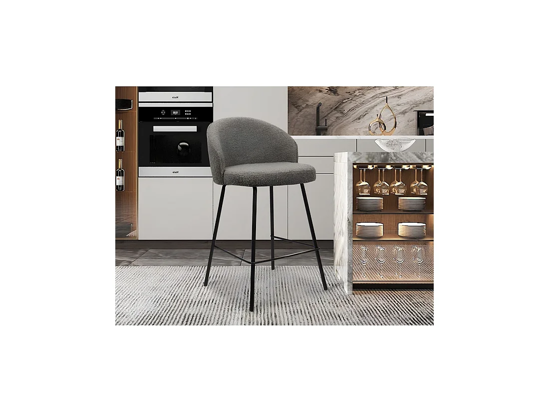 Chaise de comptoir JUNI – Bouclé gris – H87 cm design contemporain