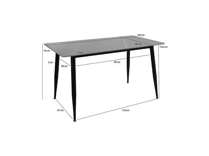 Table 160 x 90 cm plateau céramique gris et pieds évasés - RYDER