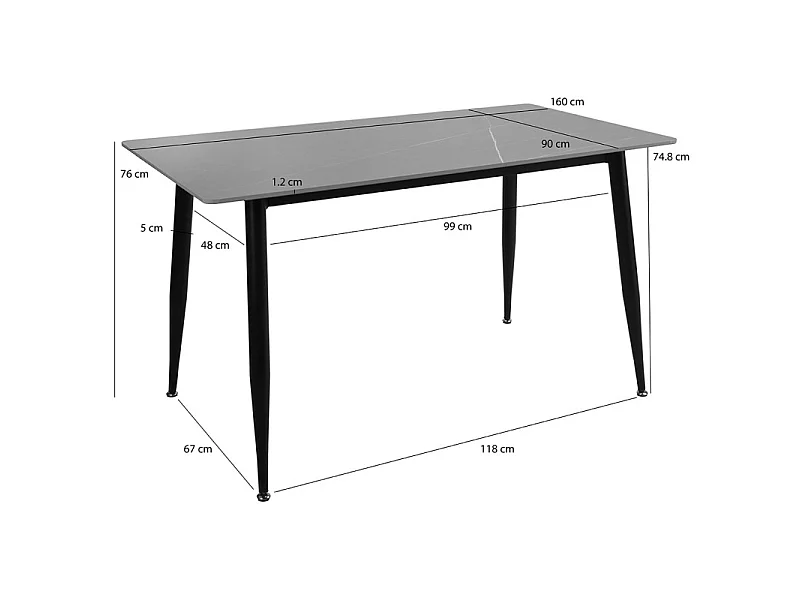 Table 160 x 90 cm plateau céramique gris et pieds évasés - RYDER