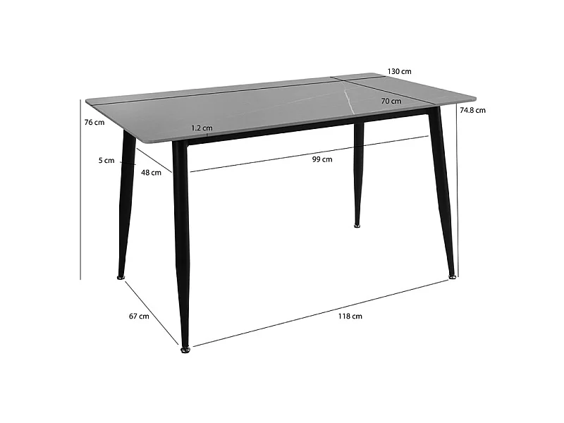 Table 130 x 70 cm plateau céramique gris et pieds évasés - RYDER