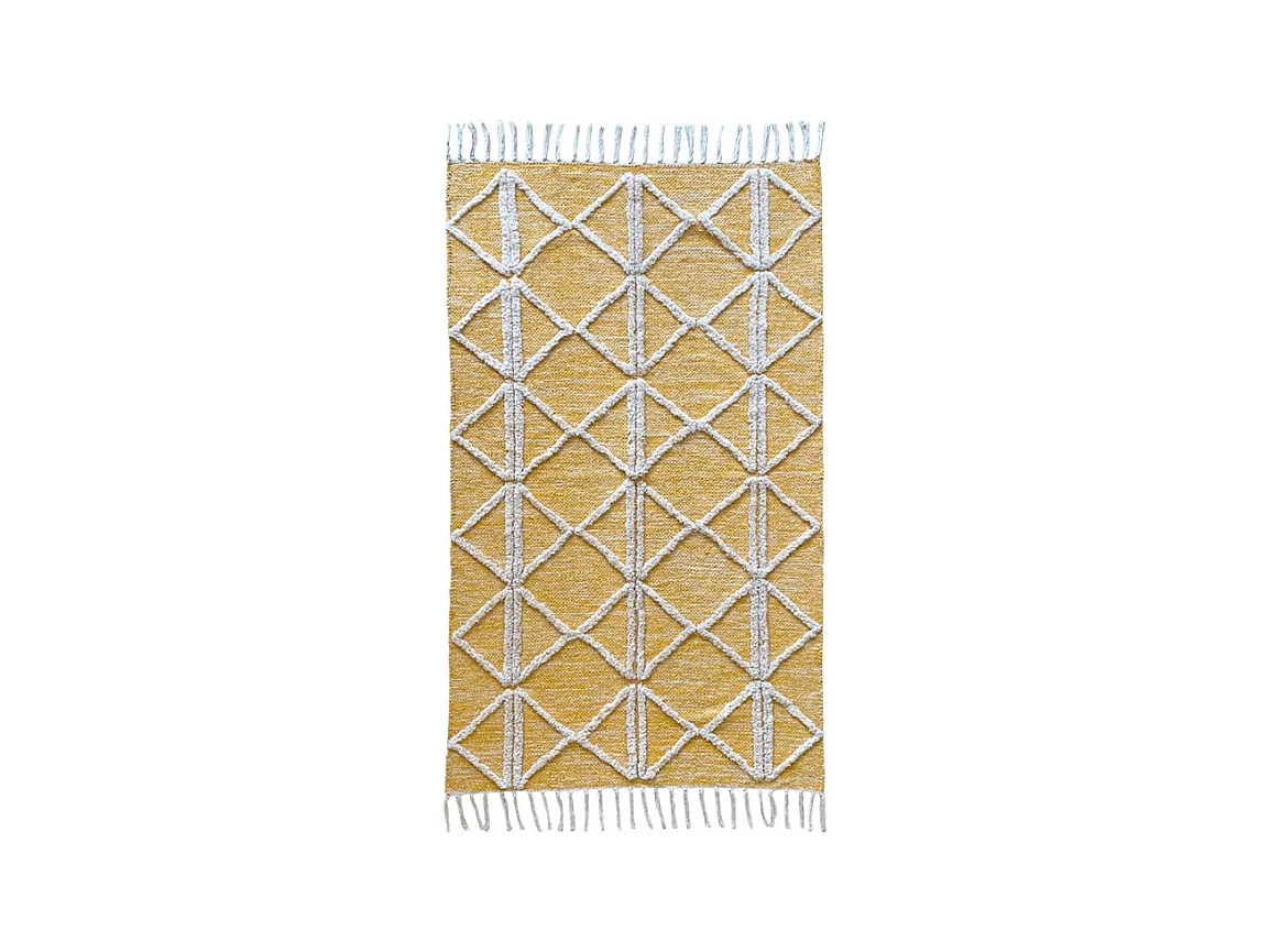 Tapis 90 x 150 cm en coton jaune avec motifs et franges écru - ALIBA