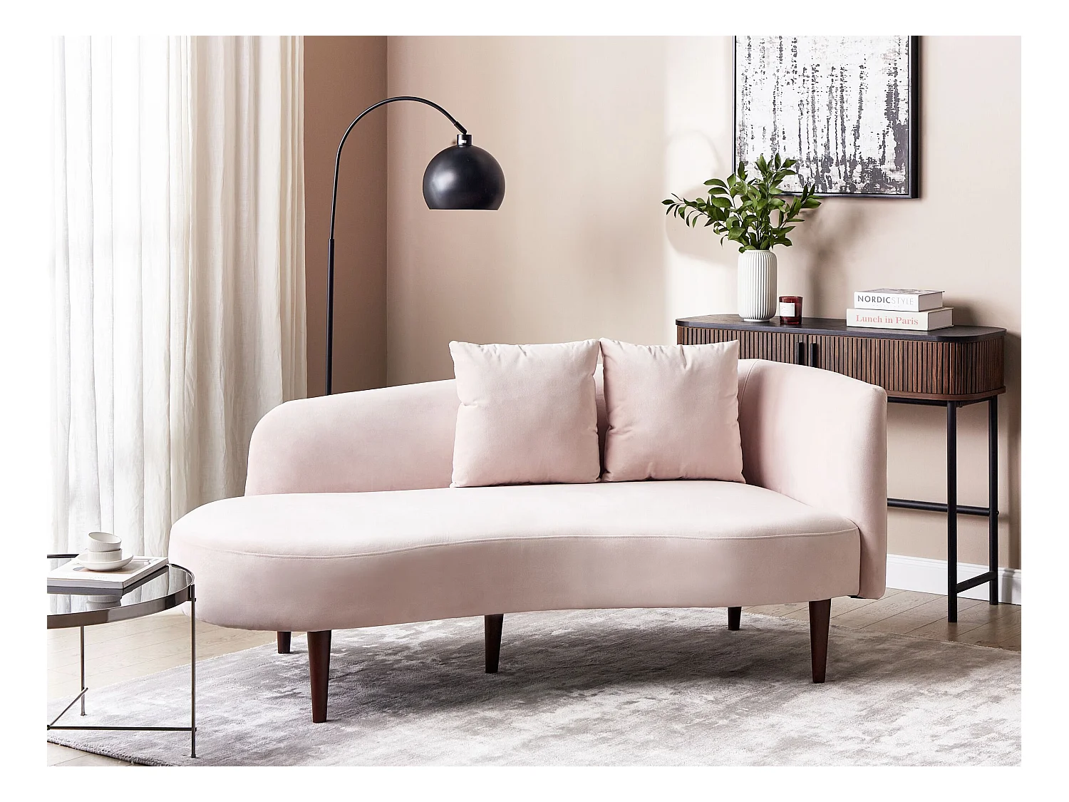 Chaise longue côté droit en velours rose CHAUMONT