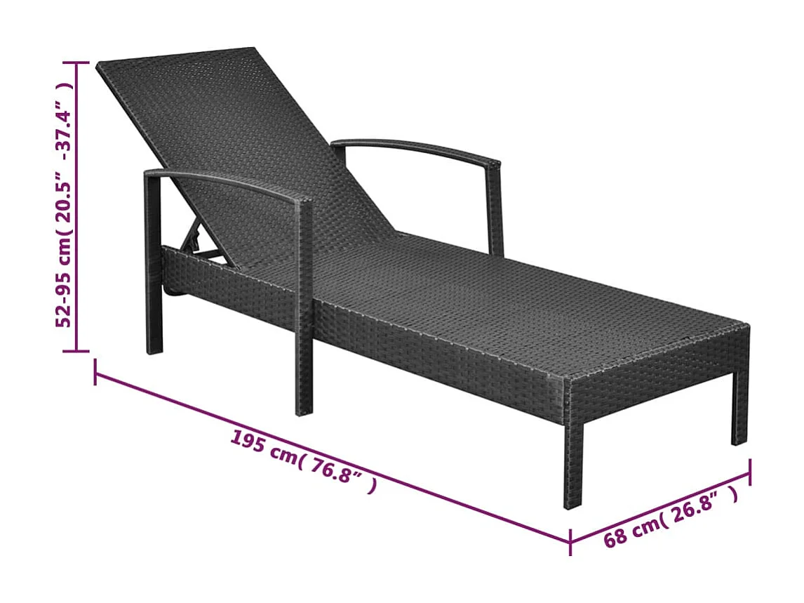 Tumbona tumbona para tomar el sol cama de jardín terraza muebles de exterior con cojín de resina tejido negro 02_0012520