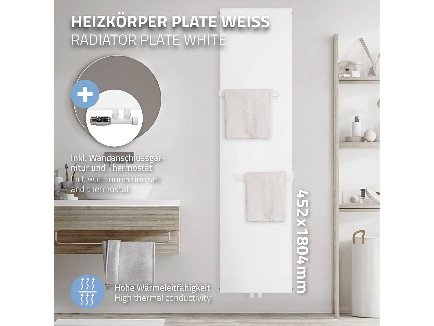 Radiateur plat blanc raccord central mural 2x porte-serviette 38 cm 452x1800 mm