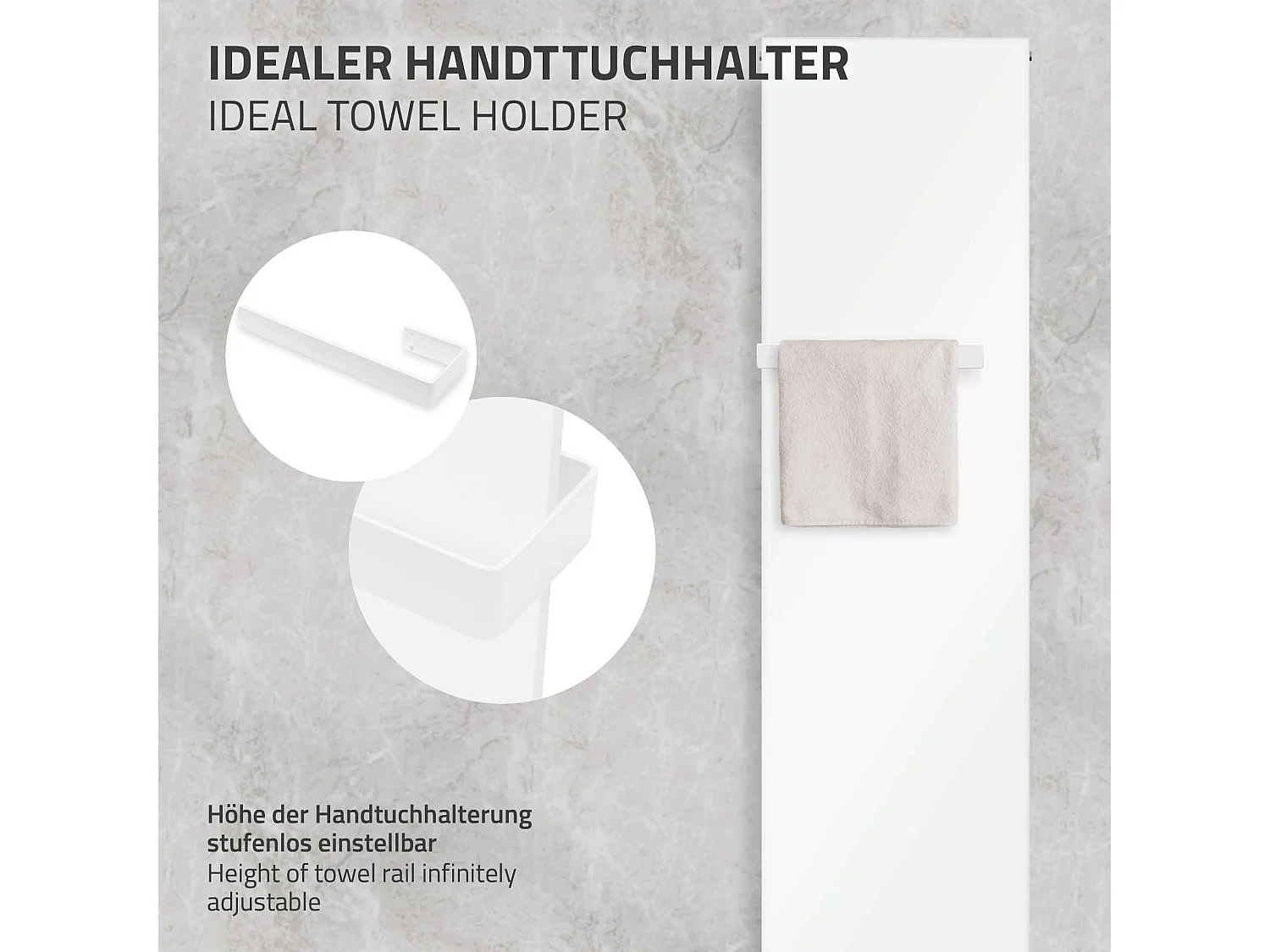 Radiateur plat blanc raccord central mural 2x porte-serviette 38 cm 452x1800 mm