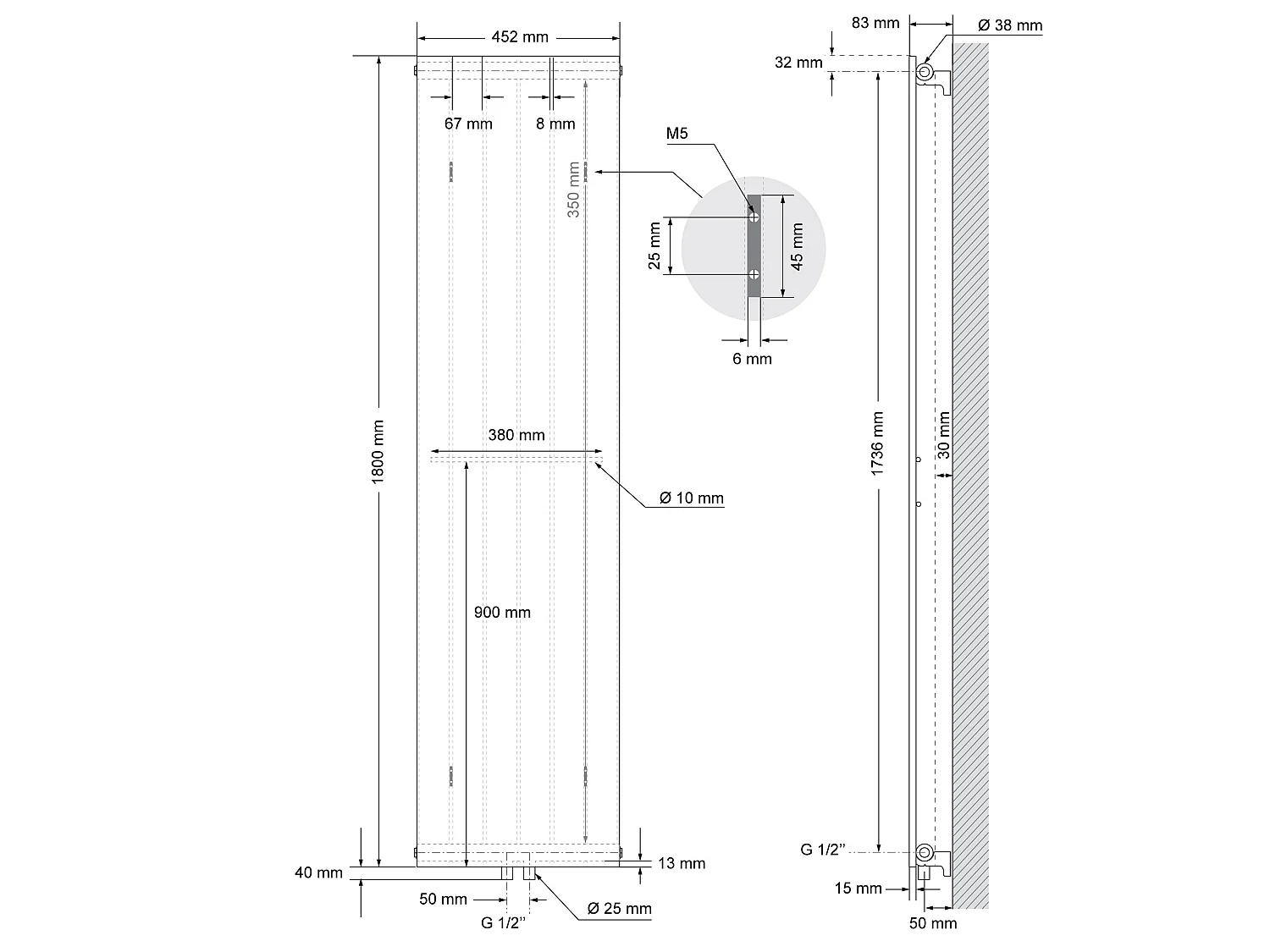 Radiateur plat blanc raccord central mural 2x porte-serviette 38 cm 452x1800 mm