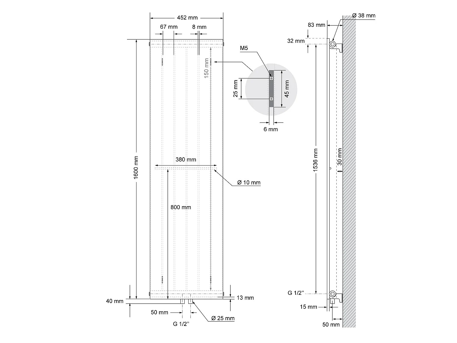 Radiateur plat blanc avec raccord central au sol 1x porte-serviette 452x1600 mm