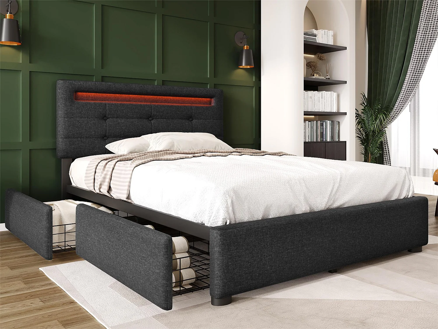 Lit coffre 90x200cm en lin avec LED + 2 tiroirs + sommier à lattes - Gris