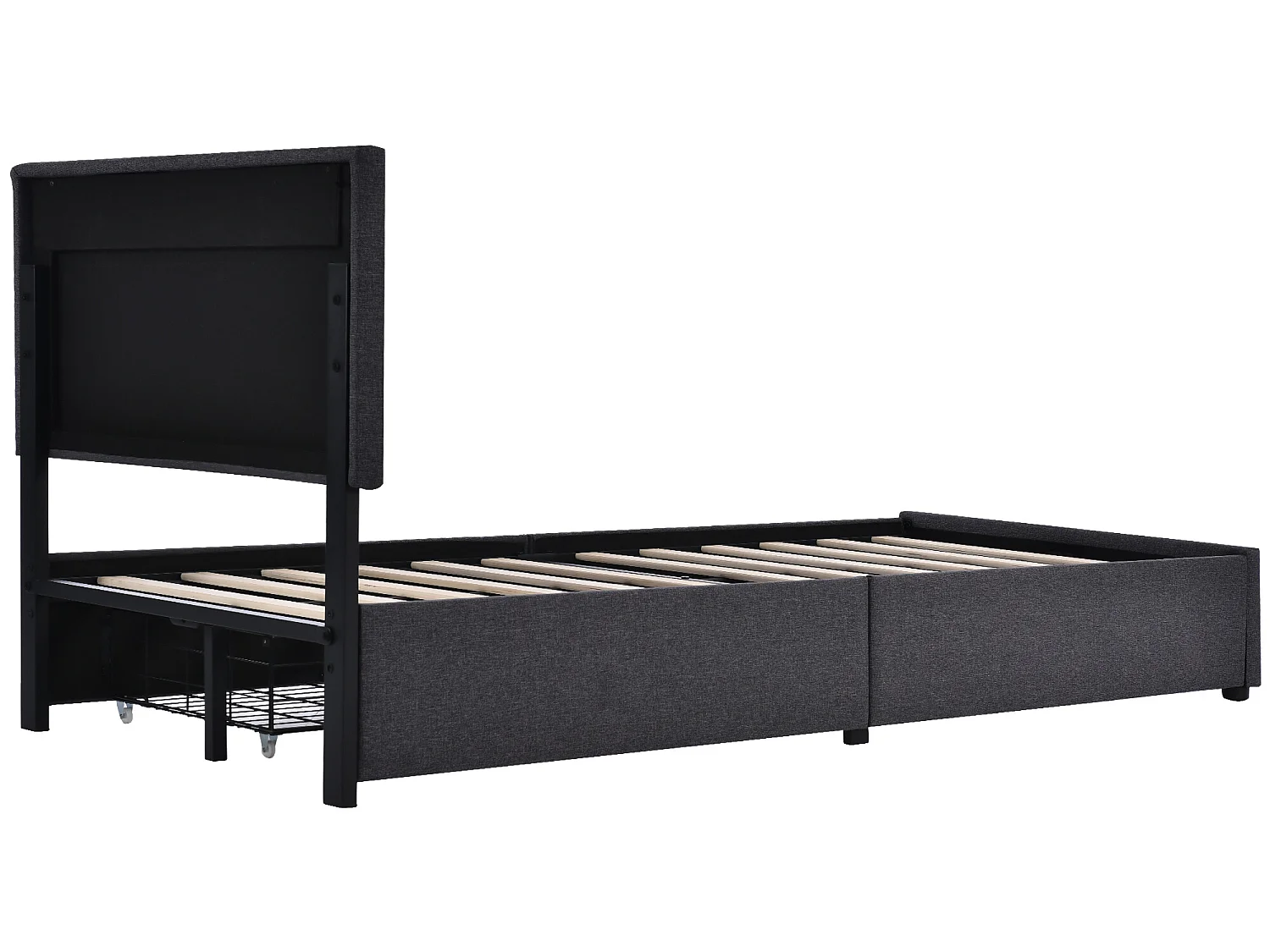 Lit coffre 90x200cm en lin avec LED + 2 tiroirs + sommier à lattes - Gris