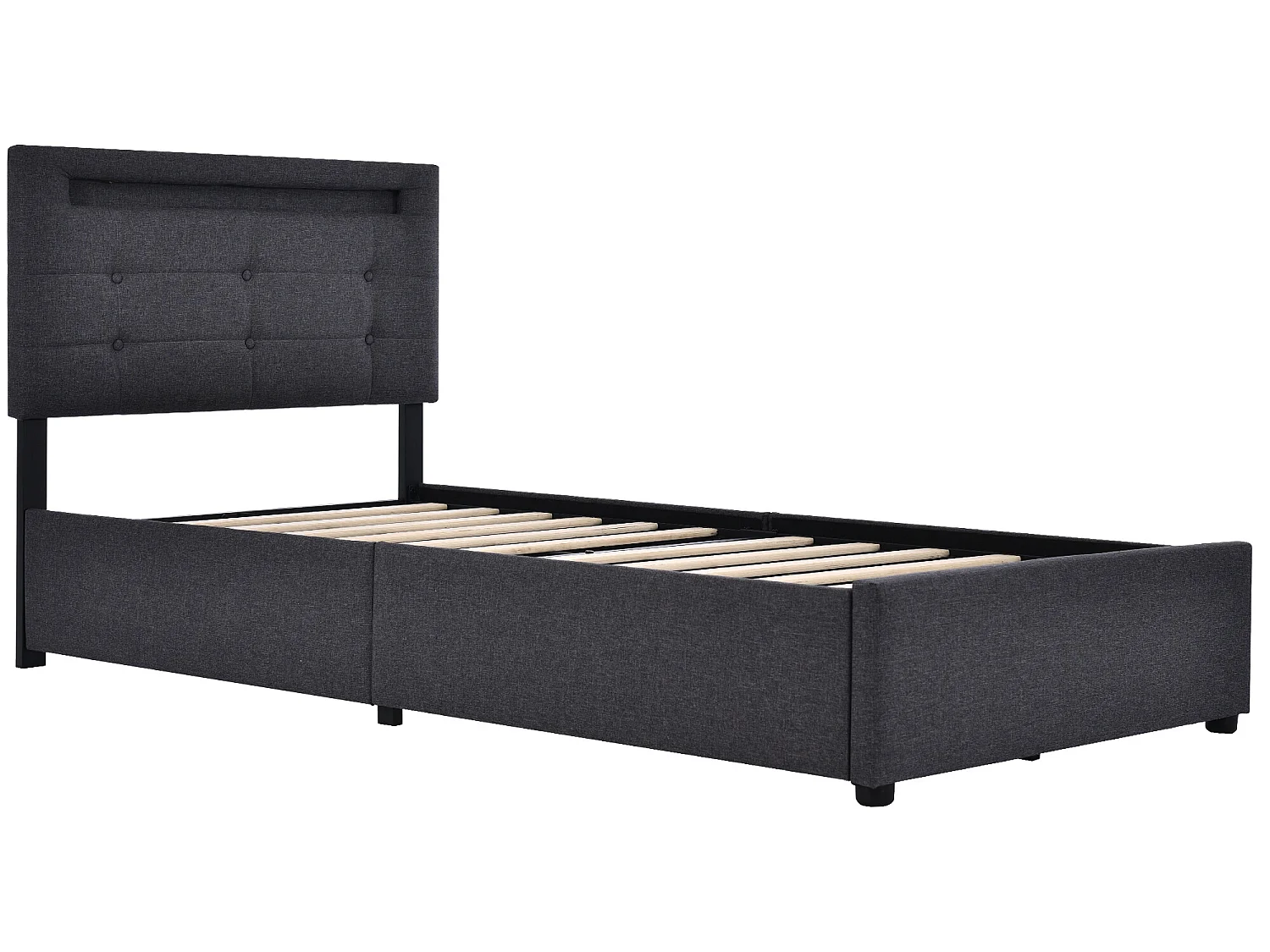 Lit coffre 90x200cm en lin avec LED + 2 tiroirs + sommier à lattes - Gris