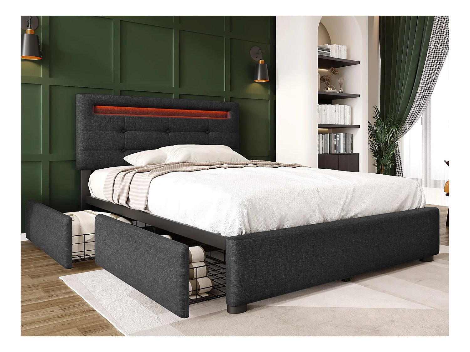 Lit coffre 90x200cm en lin avec LED + 2 tiroirs + sommier à lattes - Gris