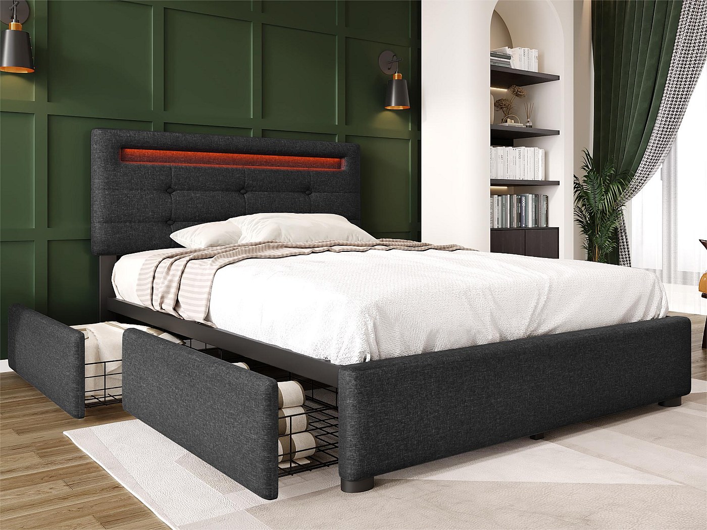 Letto contenitore per biancheria 90x200 cm con LED + 2 cassetti + rete a doghe - Grigio