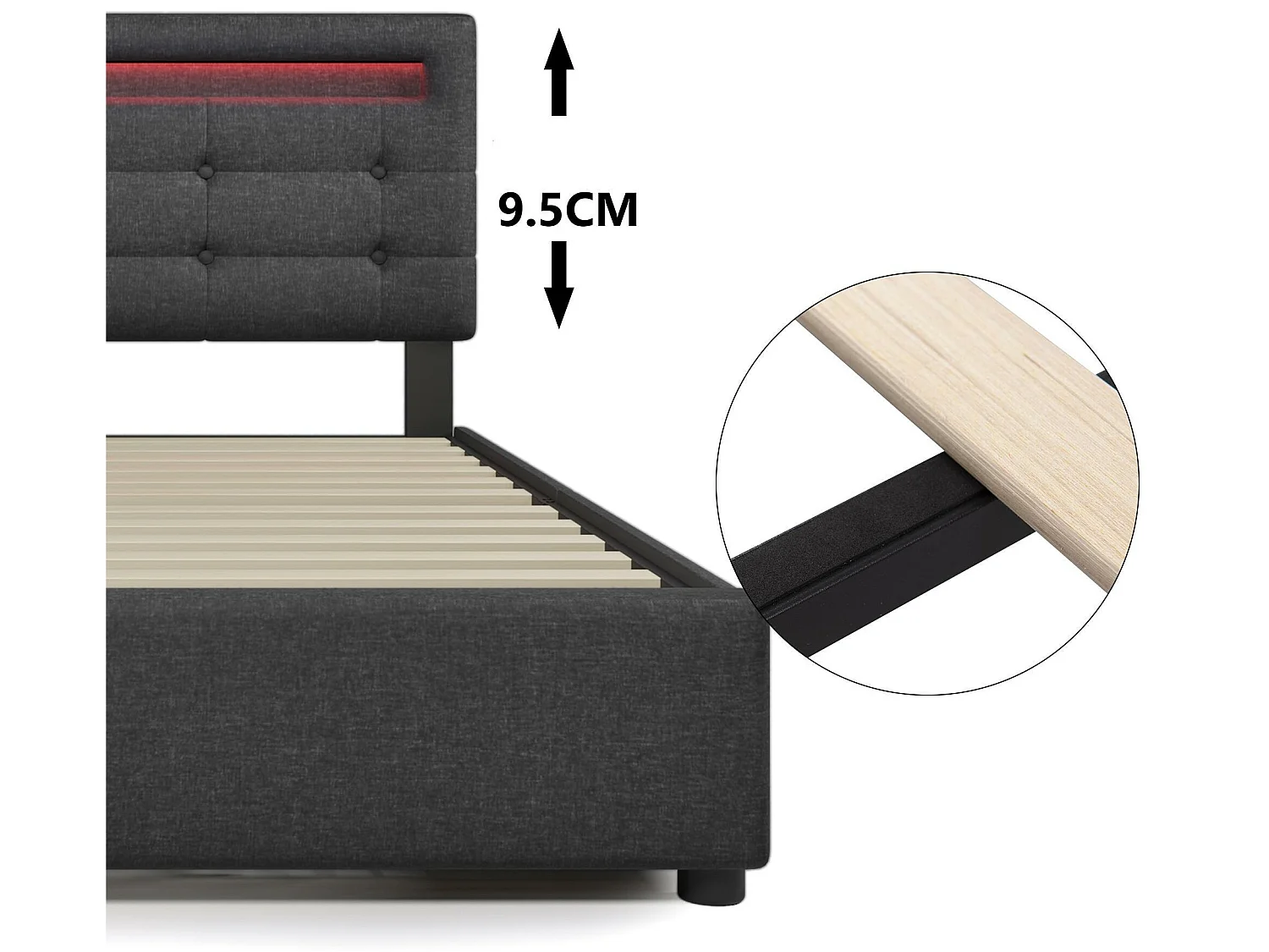 Lit coffre 90x200cm en lin avec LED + 2 tiroirs + sommier à lattes - Gris