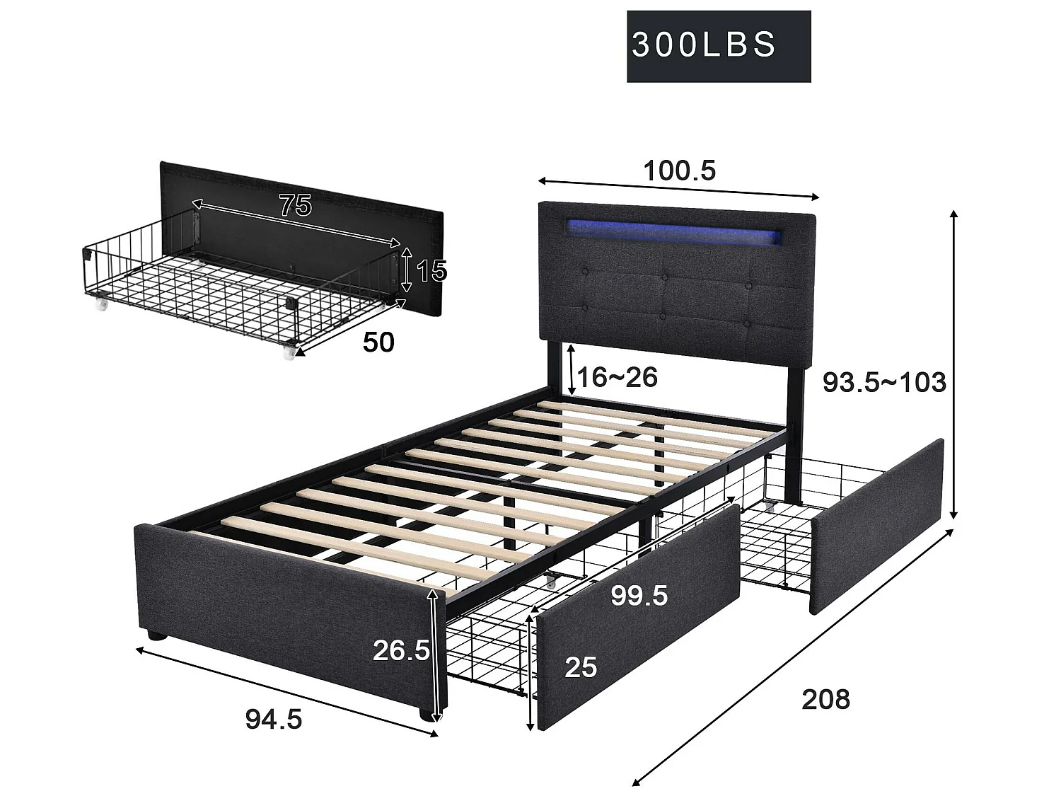 Lit coffre 90x200cm en lin avec LED + 2 tiroirs + sommier à lattes - Gris