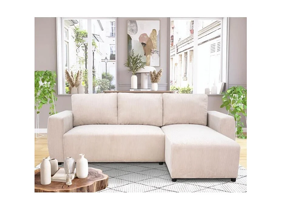 Canapé d'angle convertible réversible 3-4 places - Velours côtelé beige, coffre de rangement - 230 x 155 x Hauteur 71-95 cm