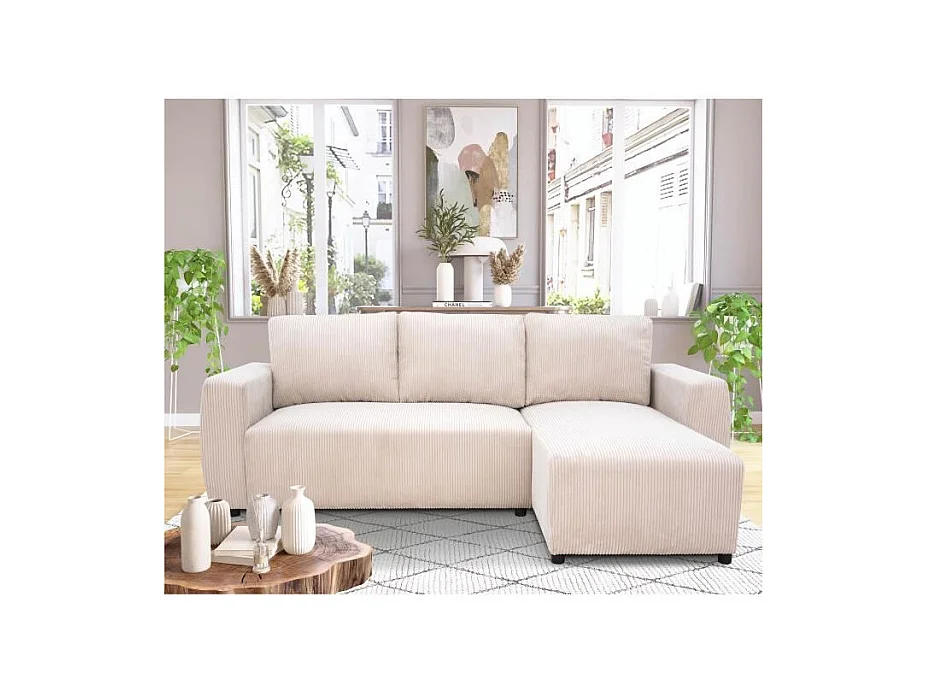 Canapé d'angle convertible réversible 3-4 places - Velours côtelé beige, coffre de rangement - 230 x 155 x Hauteur 71-95 cm