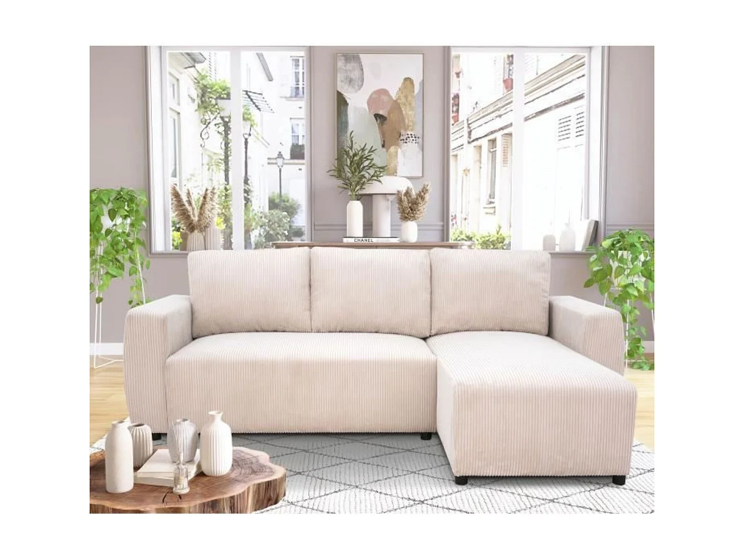 Canapé d'angle convertible réversible 3-4 places - Velours côtelé beige, coffre de rangement - 230 x 155 x Hauteur 71-95 cm